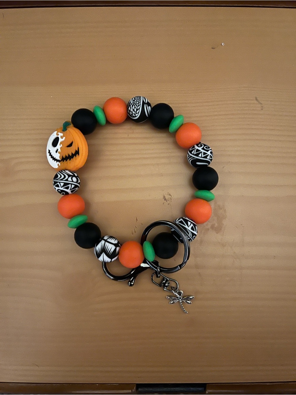 Halloween Pumpkin Beaded Key Bracelet - Orange Black Green